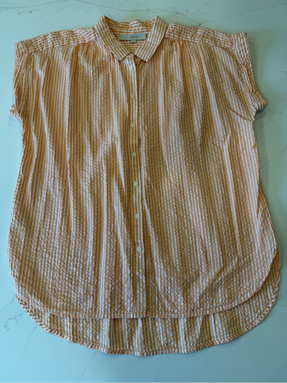 LOFT Women’s Striped Button-Front Short Sleeve Top- 100% Cotton —Peach Stripe
